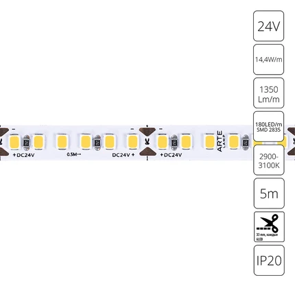 Светодиодная лента 24V 14,4W m 3000К 5м Arte Lamp TAPE A2418008-01-3K